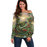 Bellbird New Zealand Personalised Off Shoulder Sweater Korimako Harakeke Flower Native Forest