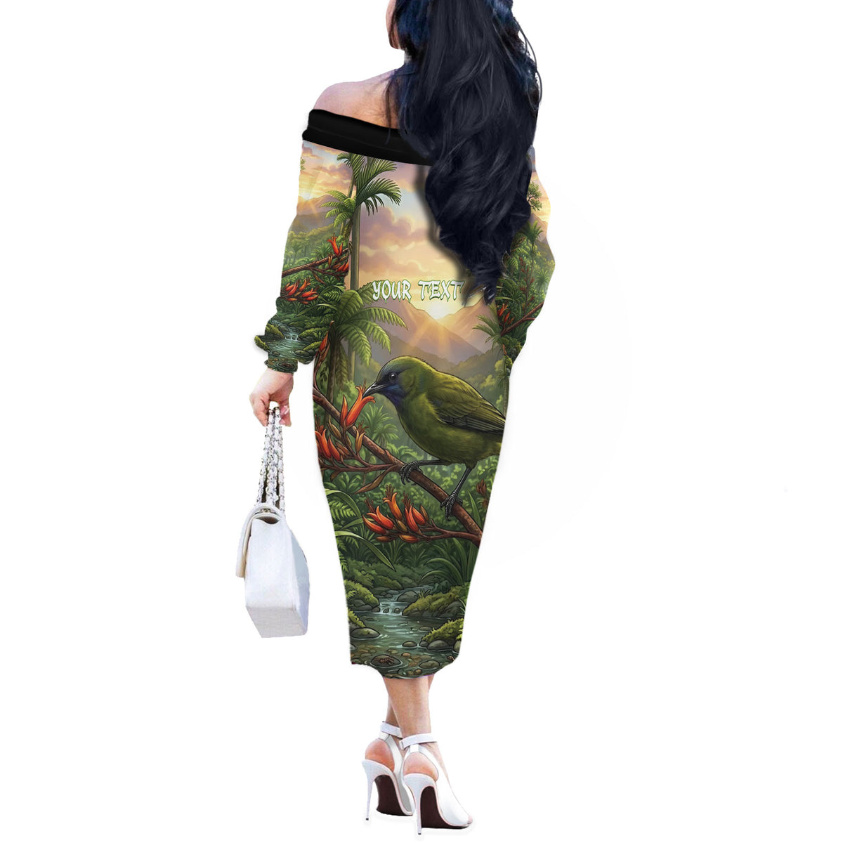 Bellbird New Zealand Personalised Off The Shoulder Long Sleeve Dress Korimako Harakeke Flower Native Forest LT22 - Polynesian Pride