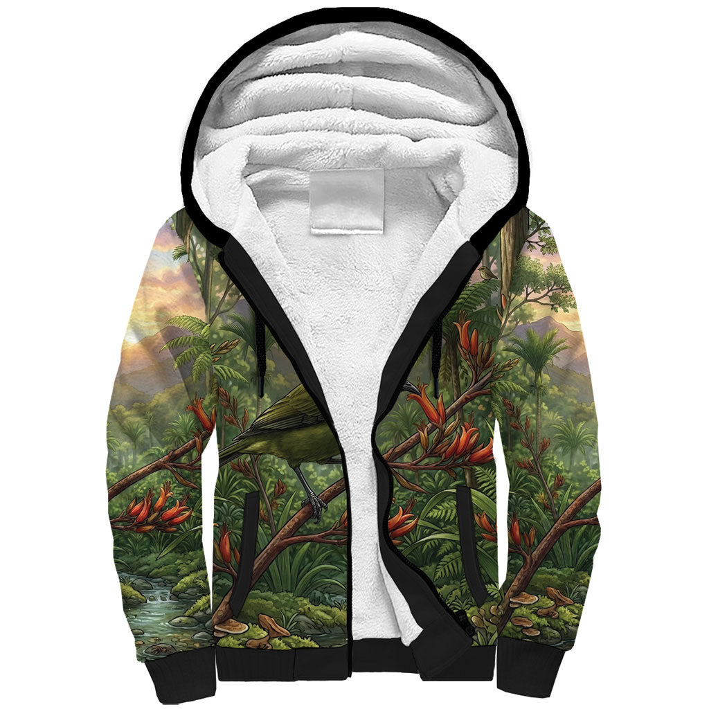 Bellbird New Zealand Personalised Sherpa Hoodie Korimako Harakeke Flower Native Forest LT22 Unisex Green - Polynesian Pride