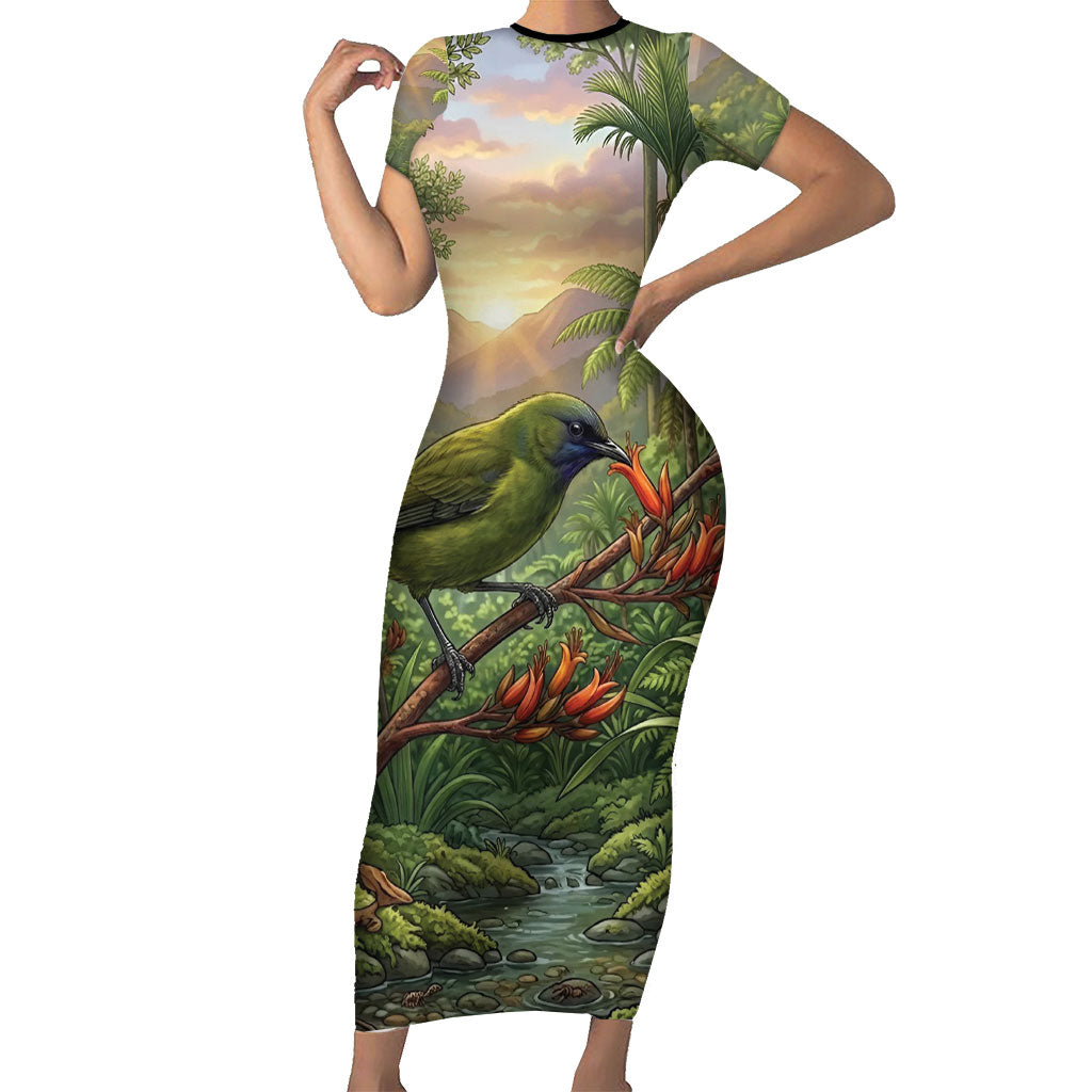 Bellbird New Zealand Personalised Short Sleeve Bodycon Dress Korimako Harakeke Flower Native Forest LT22 Long Dress Green - Polynesian Pride