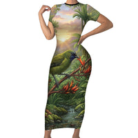 Bellbird New Zealand Personalised Short Sleeve Bodycon Dress Korimako Harakeke Flower Native Forest LT22 Long Dress Green - Polynesian Pride