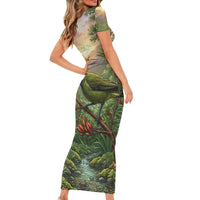 Bellbird New Zealand Personalised Short Sleeve Bodycon Dress Korimako Harakeke Flower Native Forest LT22 - Polynesian Pride