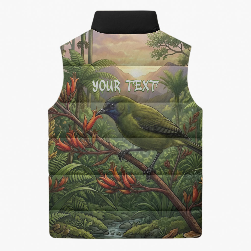 Bellbird New Zealand Personalised Sleeveless Puffer Jacket Korimako Harakeke Flower Native Forest