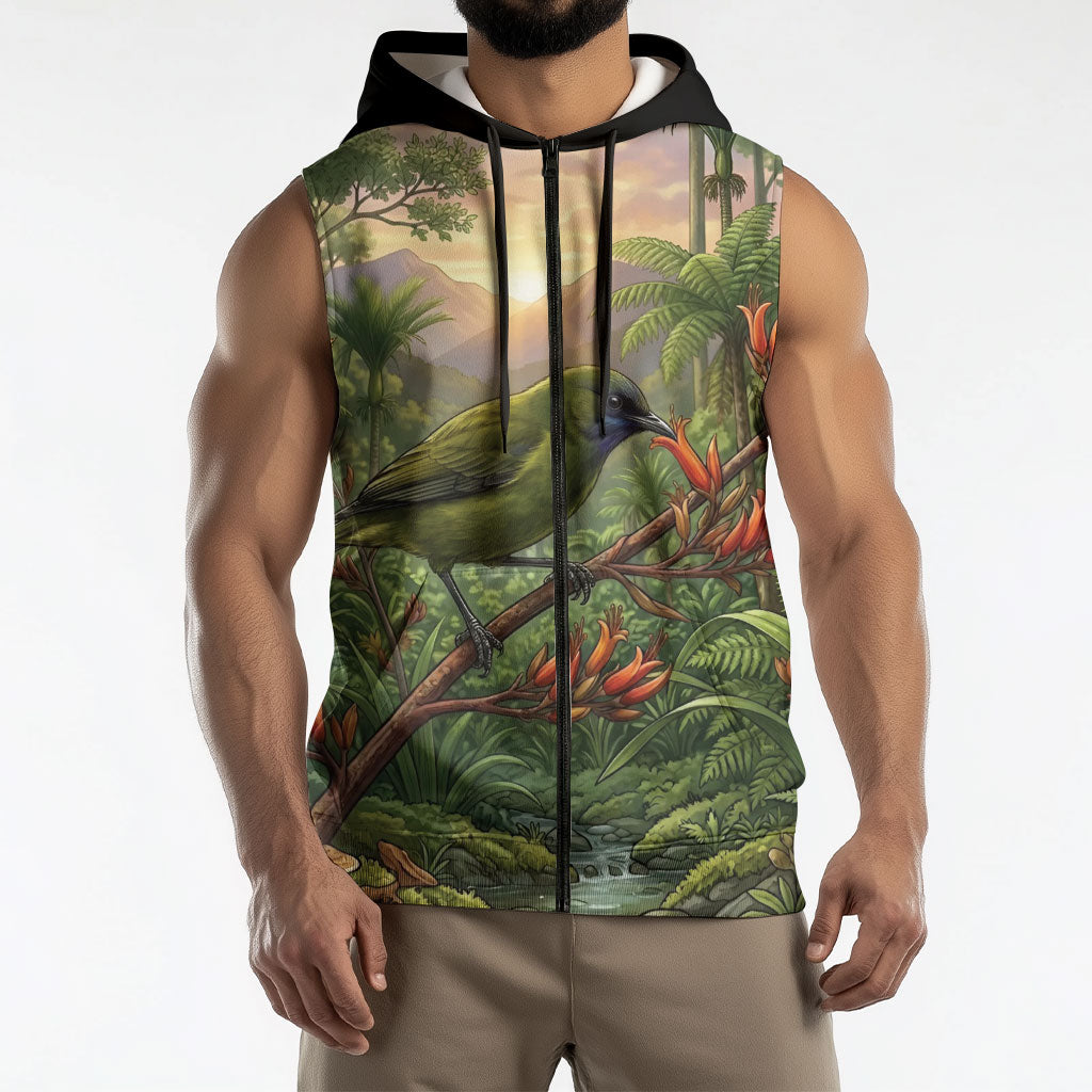 Bellbird New Zealand Personalised Sleeveless Zip Hoodie Korimako Harakeke Flower Native Forest LT22 - Polynesian Pride