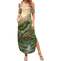Bellbird New Zealand Personalised Summer Maxi Dress Korimako Harakeke Flower Native Forest LT22 Women Green - Polynesian Pride
