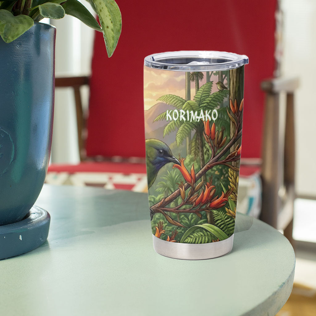 Bellbird New Zealand Personalised Tumbler Cup Korimako Harakeke Flower Native Forest LT22 - Polynesian Pride