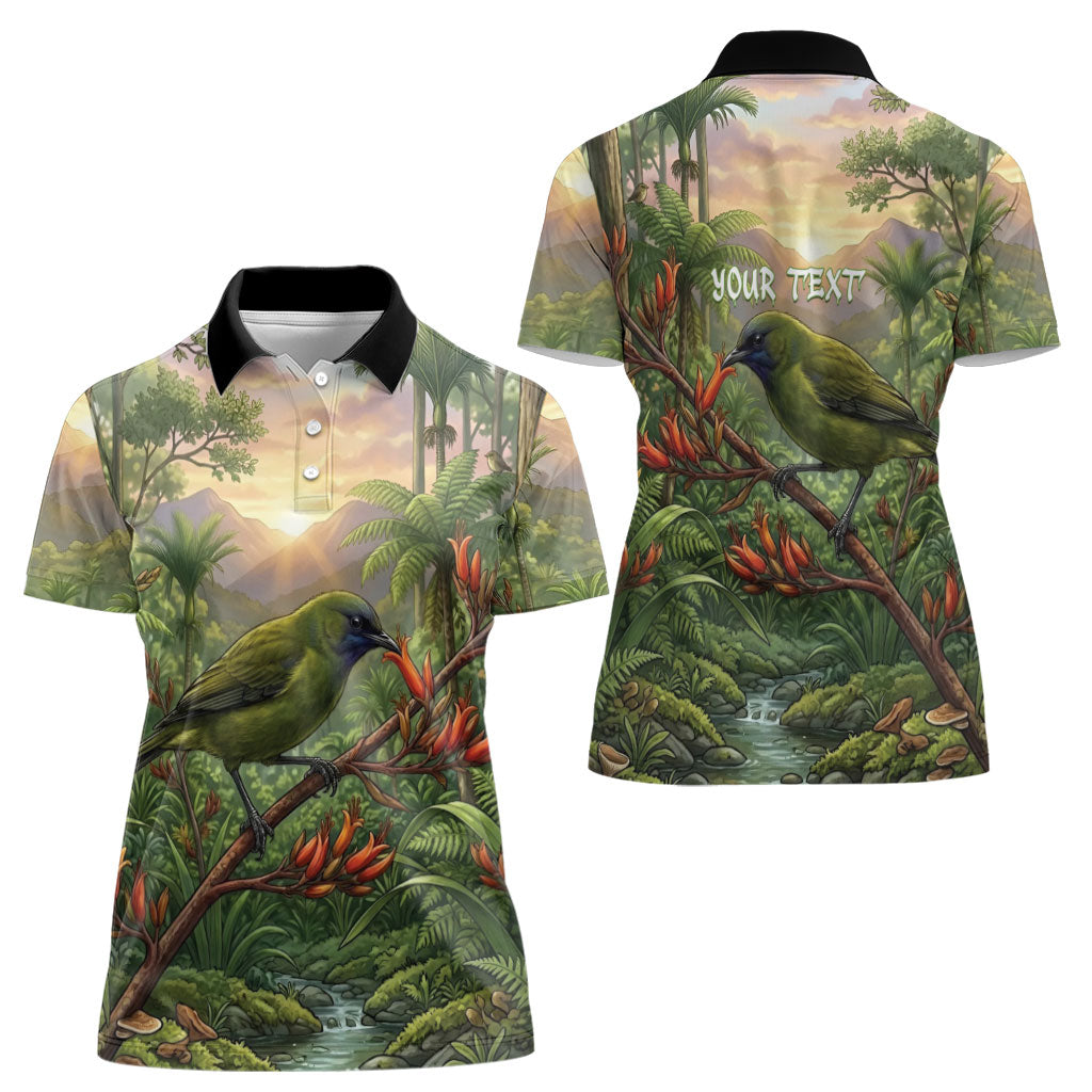 Bellbird New Zealand Personalised Women Polo Shirt Korimako Harakeke Flower Native Forest LT22 - Polynesian Pride