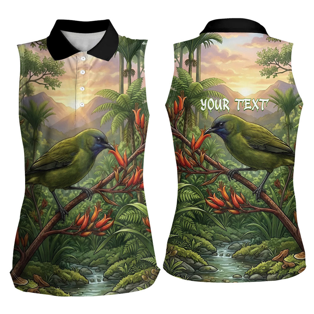 Bellbird New Zealand Personalised Women Sleeveless Polo Shirt Korimako Harakeke Flower Native Forest