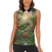 Bellbird New Zealand Personalised Women Sleeveless Polo Shirt Korimako Harakeke Flower Native Forest