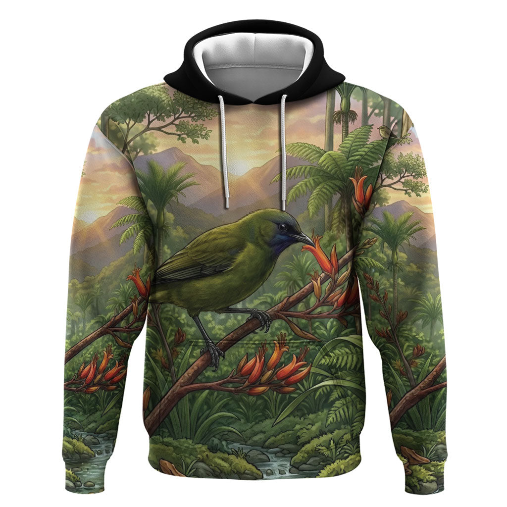 Bellbird New Zealand Personalised Zip Hoodie Korimako Harakeke Flower Native Forest LT22 Pullover Hoodie Green - Polynesian Pride