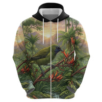 Bellbird New Zealand Personalised Zip Hoodie Korimako Harakeke Flower Native Forest LT22 - Polynesian Pride