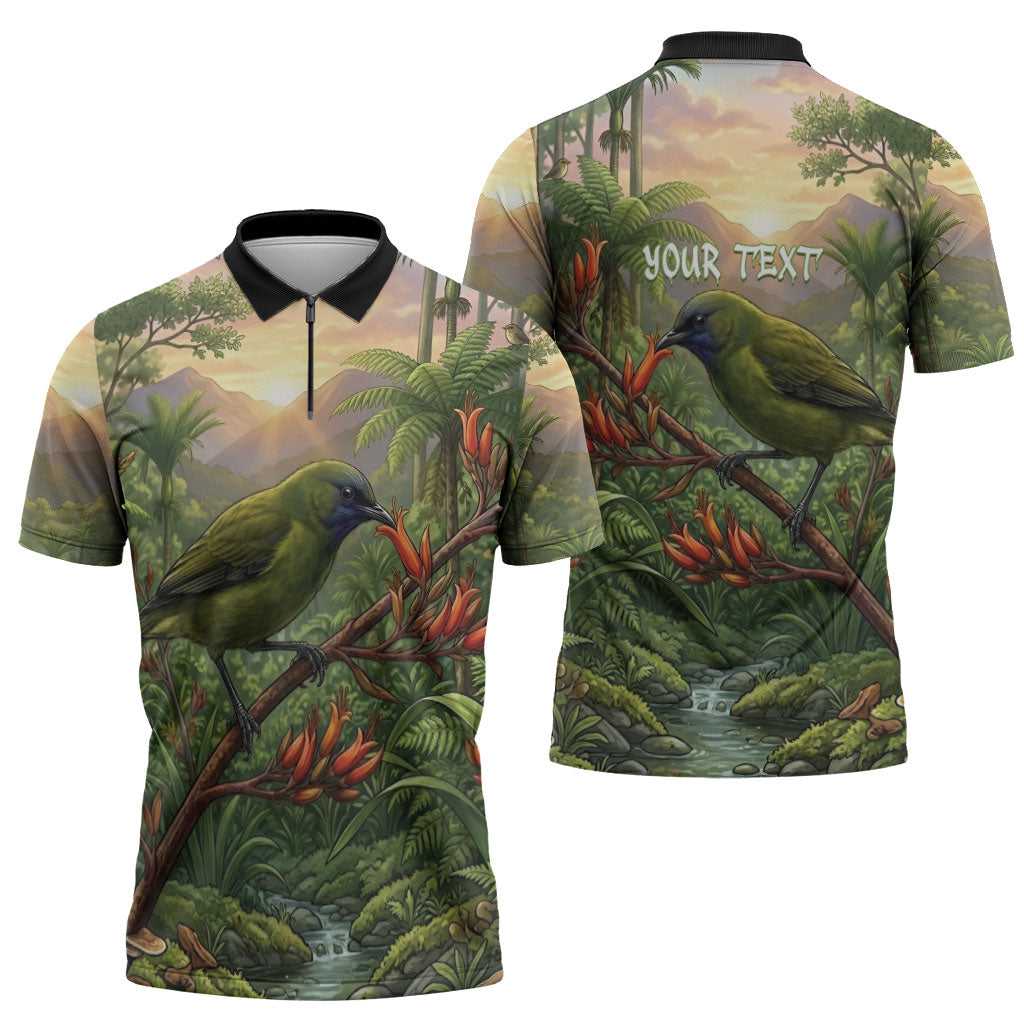 Bellbird New Zealand Personalised Zipper Polo Shirt Korimako Harakeke Flower Native Forest LT22 - Polynesian Pride