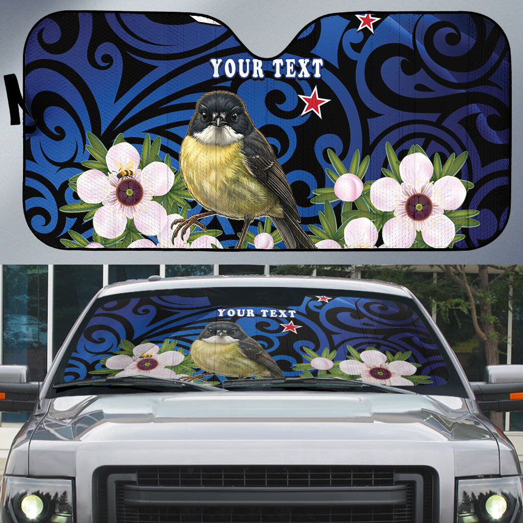 Tomtit New Zealand Personalised Auto Sun Shade Miromiro Manuka Flower Maori Pattern
