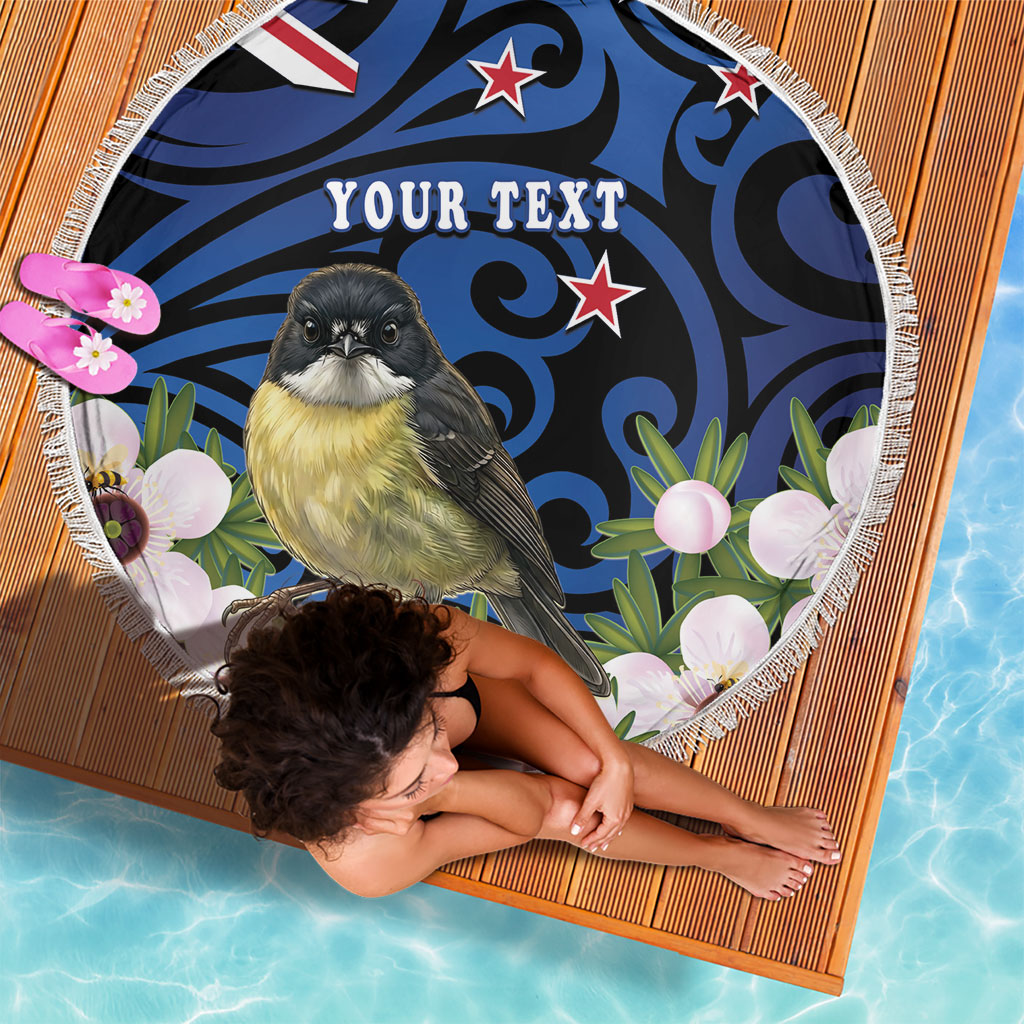 Tomtit New Zealand Personalised Beach Blanket Miromiro Manuka Flower Maori Pattern