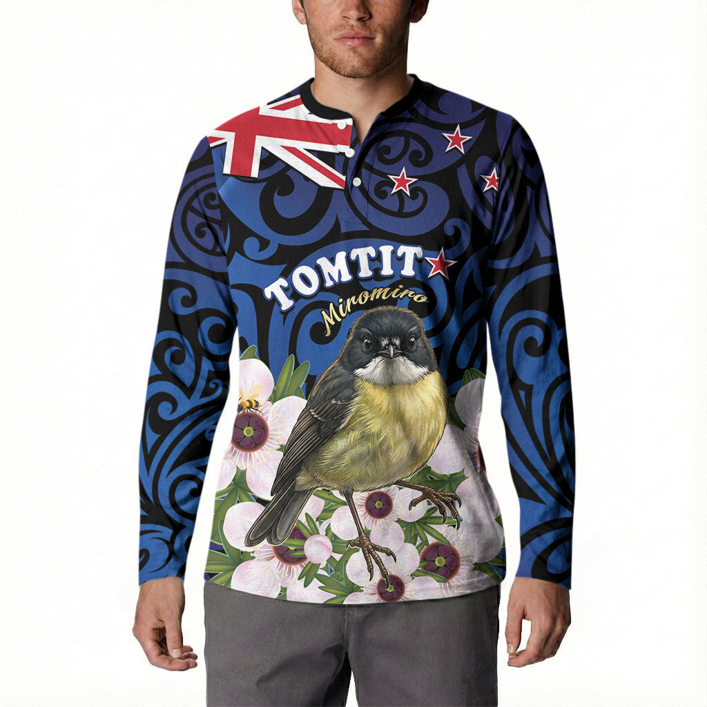 Tomtit New Zealand Personalised Button Sweatshirt Miromiro Manuka Flower Maori Pattern