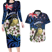 Tomtit New Zealand Personalised Couples Matching Long Sleeve Bodycon Dress and Hawaiian Shirt Miromiro Manuka Flower Maori Pattern