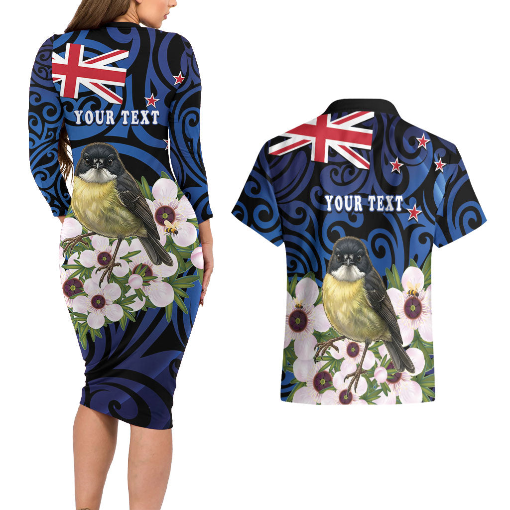 Tomtit New Zealand Personalised Couples Matching Long Sleeve Bodycon Dress and Hawaiian Shirt Miromiro Manuka Flower Maori Pattern
