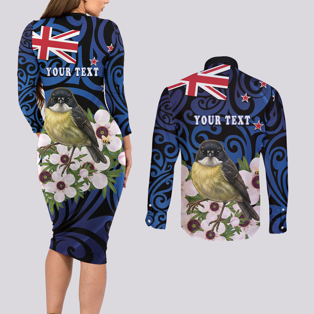 Tomtit New Zealand Personalised Couples Matching Long Sleeve Bodycon Dress and Long Sleeve Button Shirt Miromiro Manuka Flower Maori Pattern LT22 - Polynesian Pride