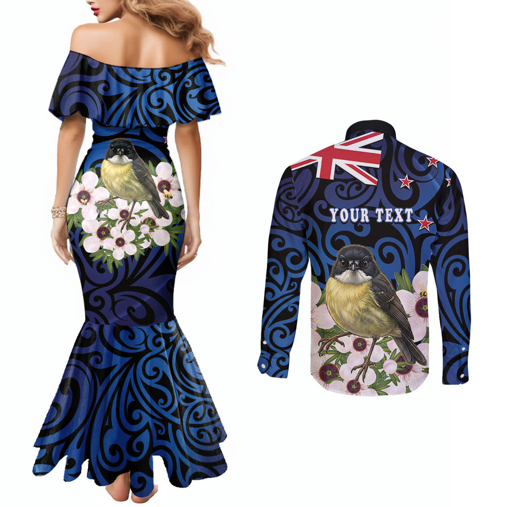 Tomtit New Zealand Personalised Couples Matching Mermaid Dress and Long Sleeve Button Shirt Miromiro Manuka Flower Maori Pattern LT22 - Polynesian Pride
