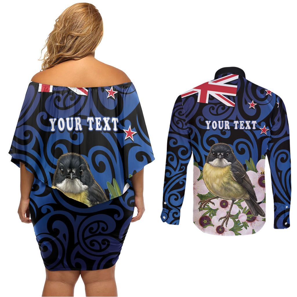 Tomtit New Zealand Personalised Couples Matching Off Shoulder Short Dress and Long Sleeve Button Shirt Miromiro Manuka Flower Maori Pattern LT22 - Polynesian Pride
