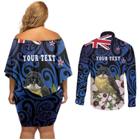 Tomtit New Zealand Personalised Couples Matching Off Shoulder Short Dress and Long Sleeve Button Shirt Miromiro Manuka Flower Maori Pattern LT22 - Polynesian Pride