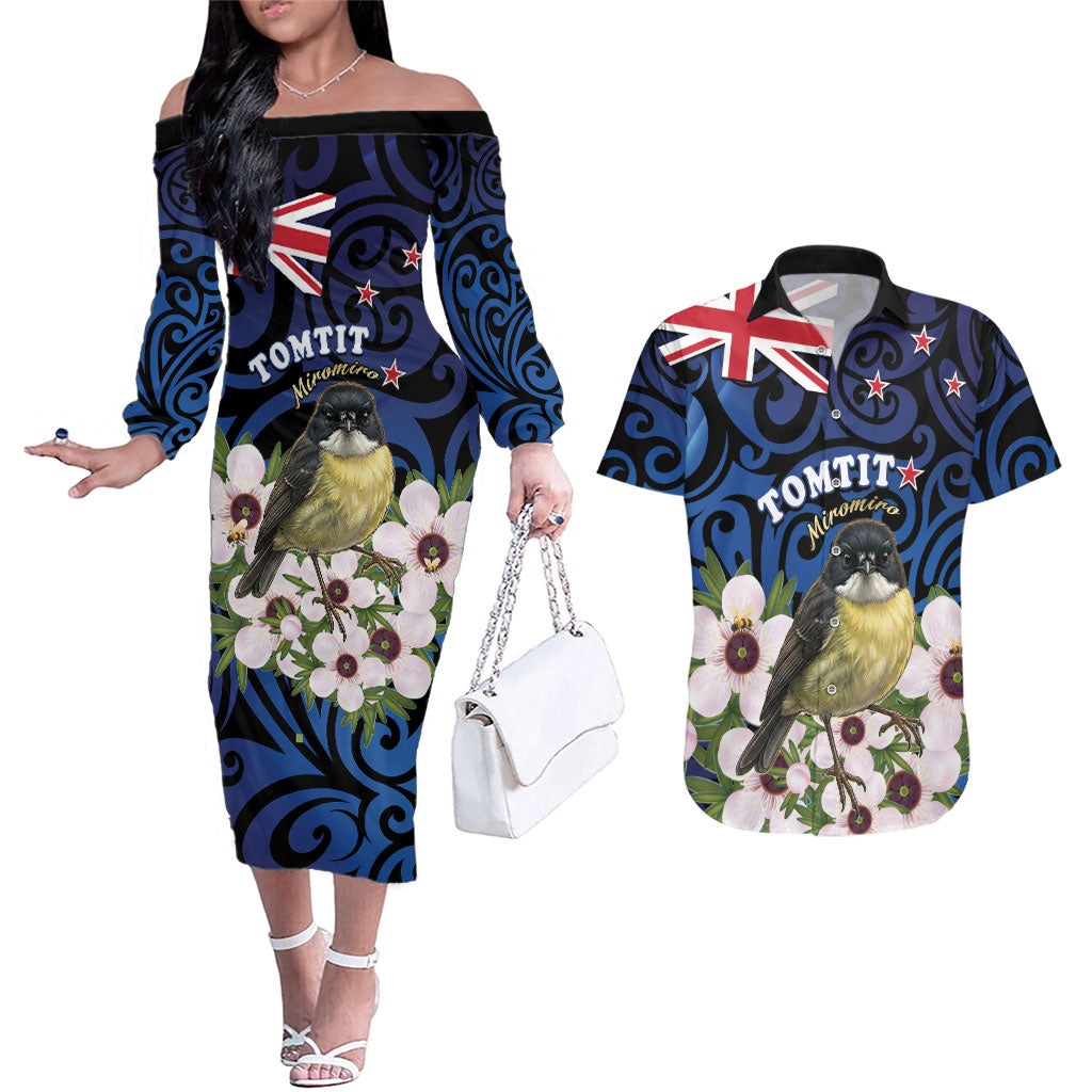 Tomtit New Zealand Personalised Couples Matching Off The Shoulder Long Sleeve Dress and Hawaiian Shirt Miromiro Manuka Flower Maori Pattern