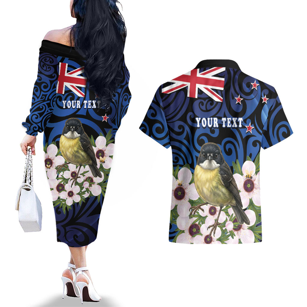 Tomtit New Zealand Personalised Couples Matching Off The Shoulder Long Sleeve Dress and Hawaiian Shirt Miromiro Manuka Flower Maori Pattern
