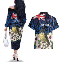 Tomtit New Zealand Personalised Couples Matching Off The Shoulder Long Sleeve Dress and Hawaiian Shirt Miromiro Manuka Flower Maori Pattern