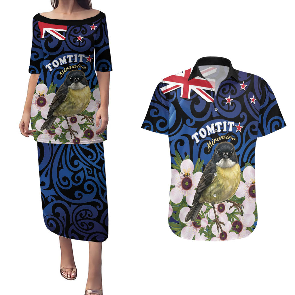 Tomtit New Zealand Personalised Couples Matching Puletasi and Hawaiian Shirt Miromiro Manuka Flower Maori Pattern LT22 Blue - Polynesian Pride