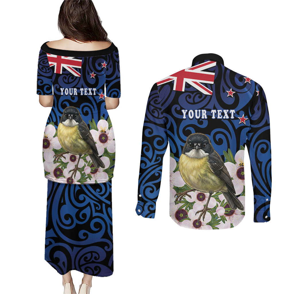 Tomtit New Zealand Personalised Couples Matching Puletasi and Long Sleeve Button Shirt Miromiro Manuka Flower Maori Pattern LT22 - Polynesian Pride