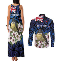 Tomtit New Zealand Personalised Couples Matching Tank Maxi Dress and Long Sleeve Button Shirt Miromiro Manuka Flower Maori Pattern LT22 - Polynesian Pride