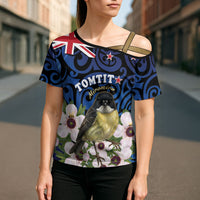 Tomtit New Zealand Personalised Cross Shoulder Shirt Miromiro Manuka Flower Maori Pattern