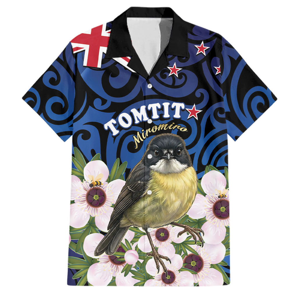 Tomtit New Zealand Personalised Family Matching Mermaid Dress and Hawaiian Shirt Miromiro Manuka Flower Maori Pattern LT22 Dad's Shirt - Short Sleeve Blue - Polynesian Pride