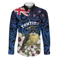 Tomtit New Zealand Personalised Family Matching Mermaid Dress and Hawaiian Shirt Miromiro Manuka Flower Maori Pattern LT22 Dad's Shirt - Long Sleeve Blue - Polynesian Pride