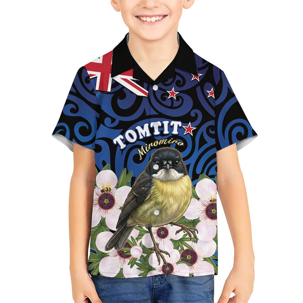 Tomtit New Zealand Personalised Family Matching Mermaid Dress and Hawaiian Shirt Miromiro Manuka Flower Maori Pattern LT22 Son's Shirt Blue - Polynesian Pride