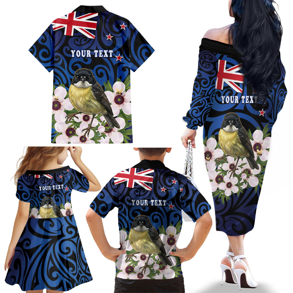 Tomtit New Zealand Personalised Family Matching Off The Shoulder Long Sleeve Dress and Hawaiian Shirt Miromiro Manuka Flower Maori Pattern LT22 - Polynesian Pride