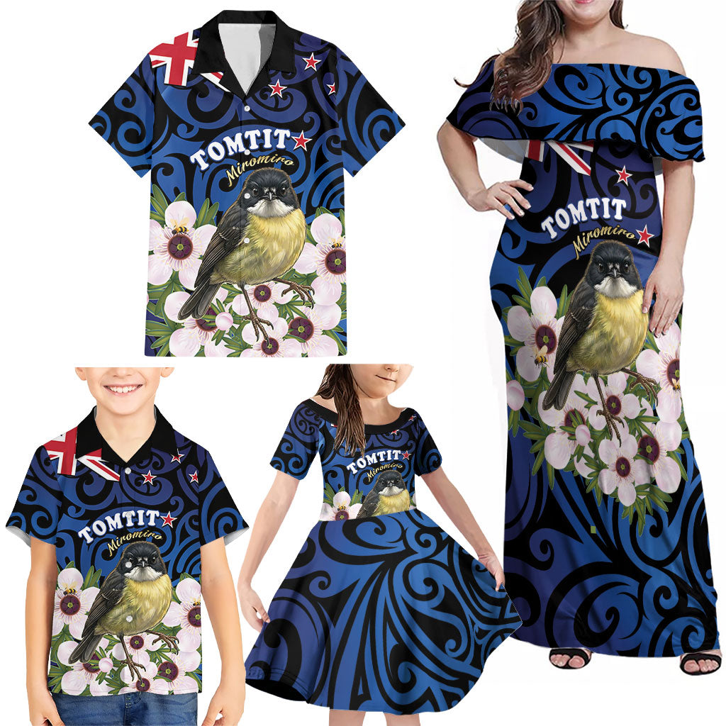 Tomtit New Zealand Personalised Family Matching Off Shoulder Maxi Dress and Hawaiian Shirt Miromiro Manuka Flower Maori Pattern