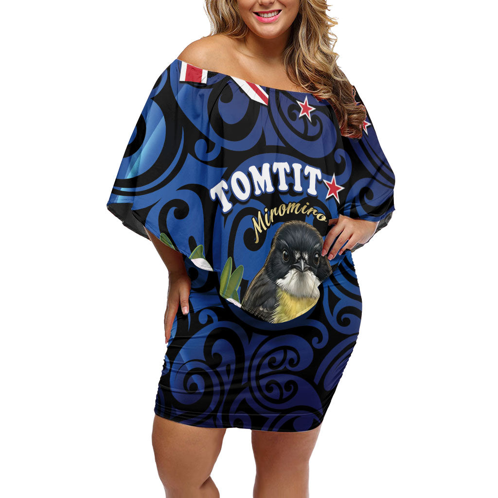 Tomtit New Zealand Personalised Family Matching Off Shoulder Short Dress and Hawaiian Shirt Miromiro Manuka Flower Maori Pattern LT22 Mom's Dress Blue - Polynesian Pride