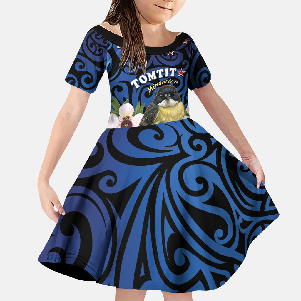 Tomtit New Zealand Personalised Family Matching Short Sleeve Bodycon Dress and Hawaiian Shirt Miromiro Manuka Flower Maori Pattern LT22 Daughter's Dress Blue - Polynesian Pride