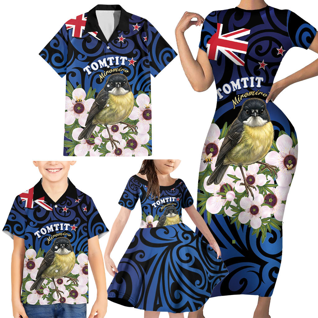 Tomtit New Zealand Personalised Family Matching Short Sleeve Bodycon Dress and Hawaiian Shirt Miromiro Manuka Flower Maori Pattern LT22 - Polynesian Pride