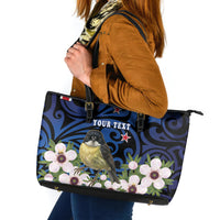 Tomtit New Zealand Personalised Leather Tote Bag Miromiro Manuka Flower Maori Pattern LT22 Blue - Polynesian Pride