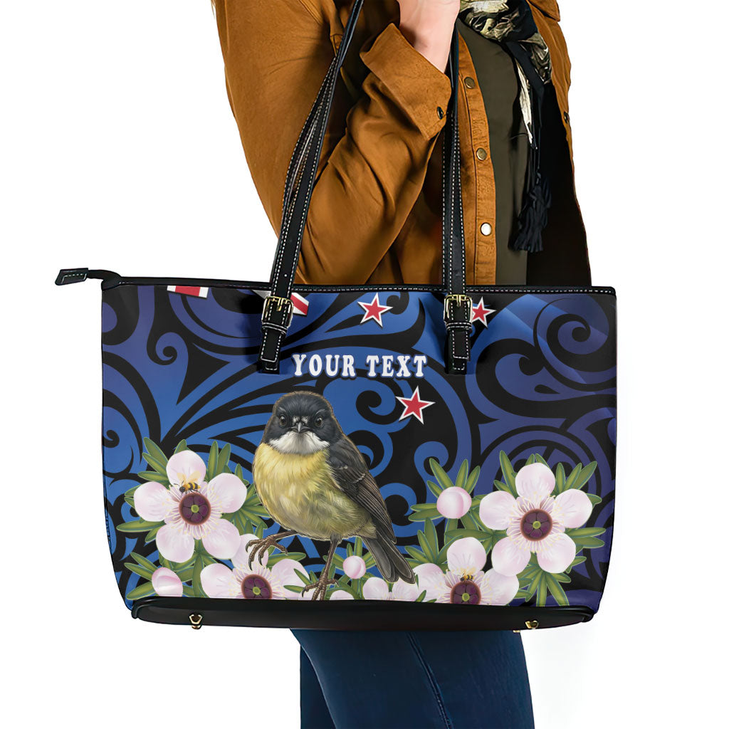 Tomtit New Zealand Personalised Leather Tote Bag Miromiro Manuka Flower Maori Pattern LT22 - Polynesian Pride
