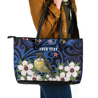 Tomtit New Zealand Personalised Leather Tote Bag Miromiro Manuka Flower Maori Pattern LT22 - Polynesian Pride