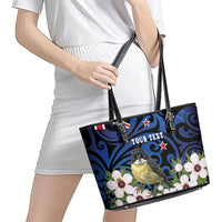 Tomtit New Zealand Personalised Leather Tote Bag Miromiro Manuka Flower Maori Pattern LT22 - Polynesian Pride