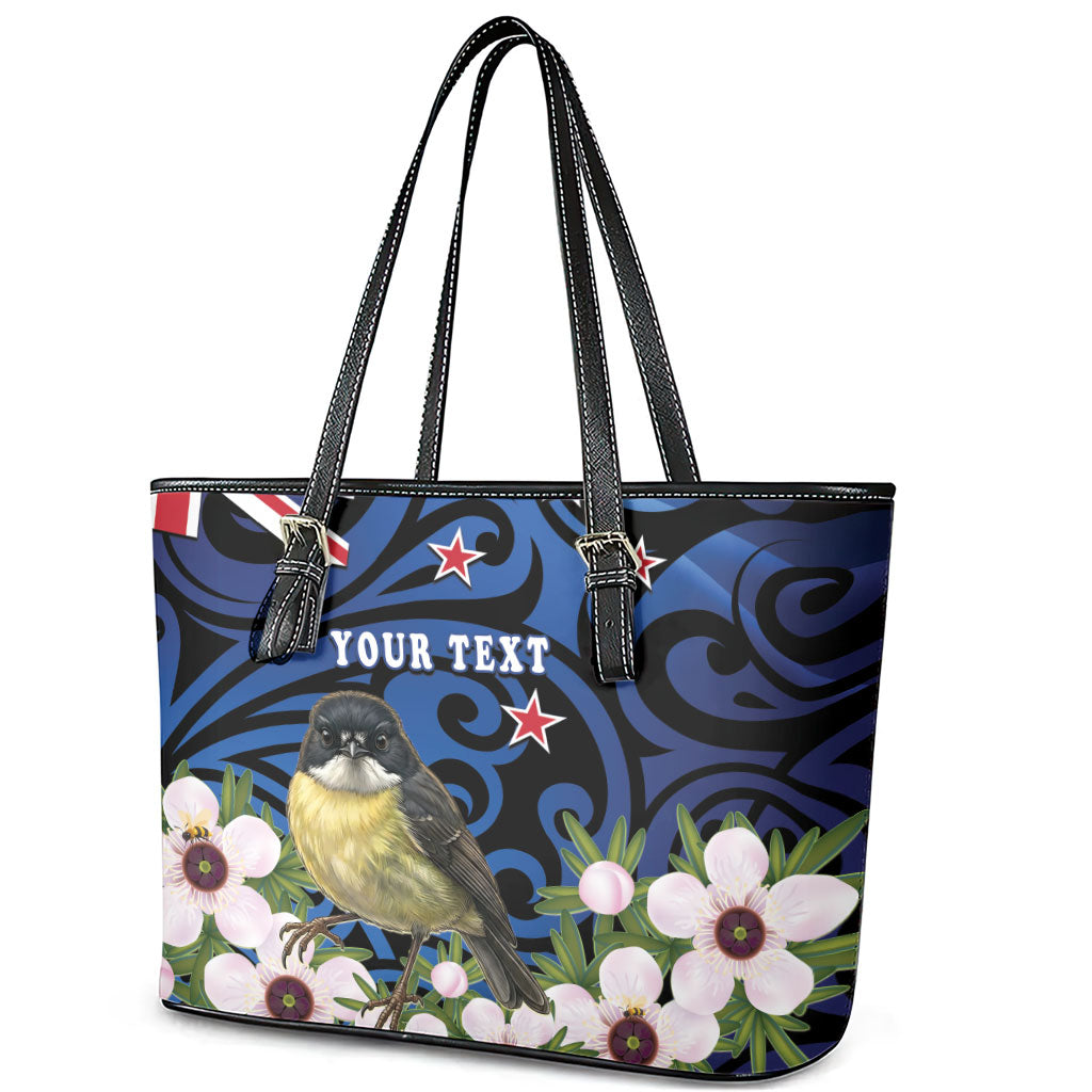 Tomtit New Zealand Personalised Leather Tote Bag Miromiro Manuka Flower Maori Pattern LT22 - Polynesian Pride
