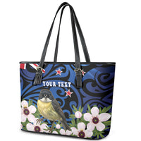 Tomtit New Zealand Personalised Leather Tote Bag Miromiro Manuka Flower Maori Pattern LT22 - Polynesian Pride