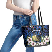 Tomtit New Zealand Personalised Leather Tote Bag Miromiro Manuka Flower Maori Pattern LT22 - Polynesian Pride