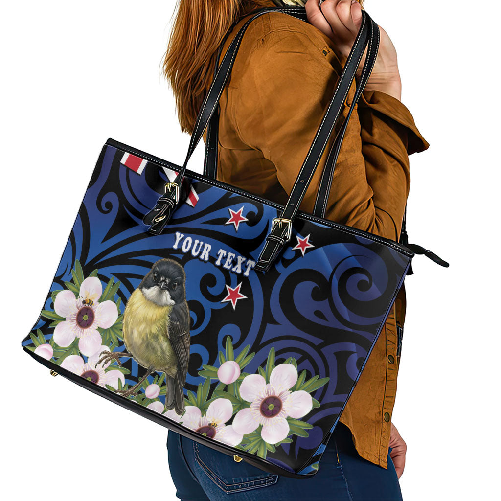 Tomtit New Zealand Personalised Leather Tote Bag Miromiro Manuka Flower Maori Pattern LT22 - Polynesian Pride