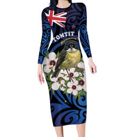 Tomtit New Zealand Personalised Long Sleeve Bodycon Dress Miromiro Manuka Flower Maori Pattern LT22 Long Dress Blue - Polynesian Pride