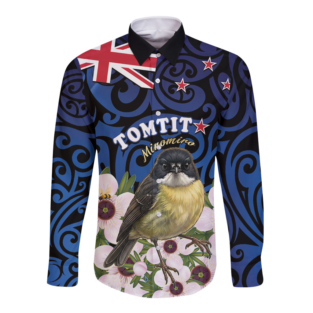 Tomtit New Zealand Personalised Long Sleeve Button Shirt Miromiro Manuka Flower Maori Pattern LT22 Unisex Blue - Polynesian Pride